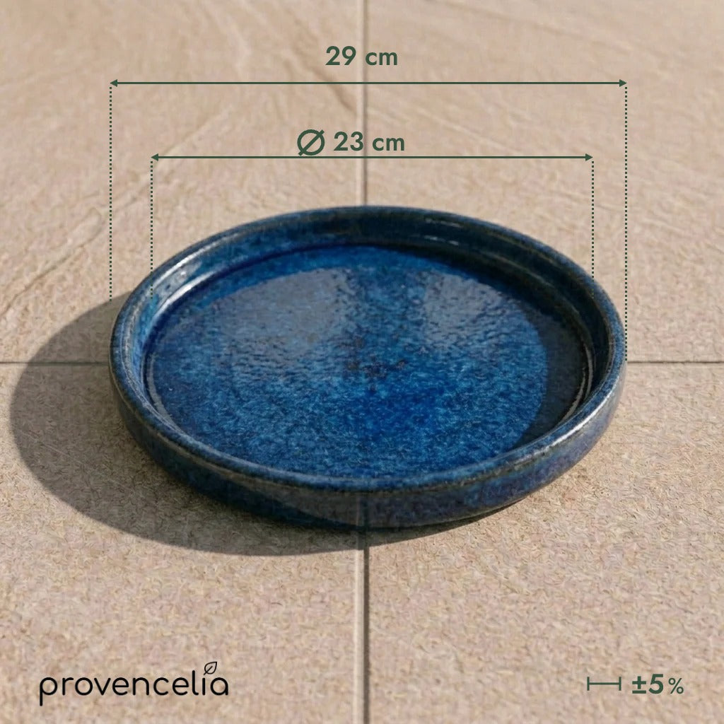 Soucoupe 23 cm bleu majorelle, vue de dessus avec dimensions