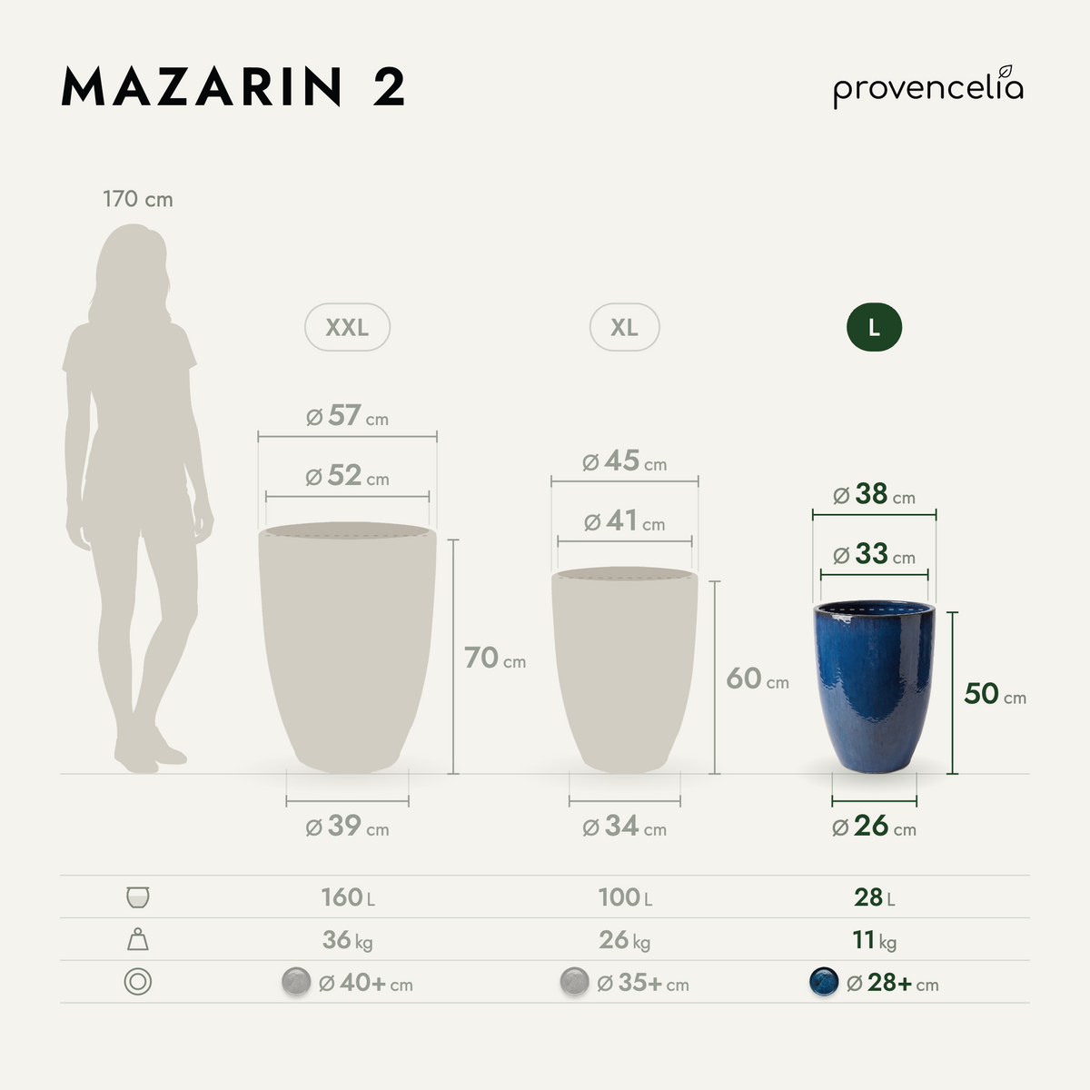 Pot MAZARIN2 décoratif 38x50 cm bleu azur en terre cuite émaillée, vue comparative des tailles