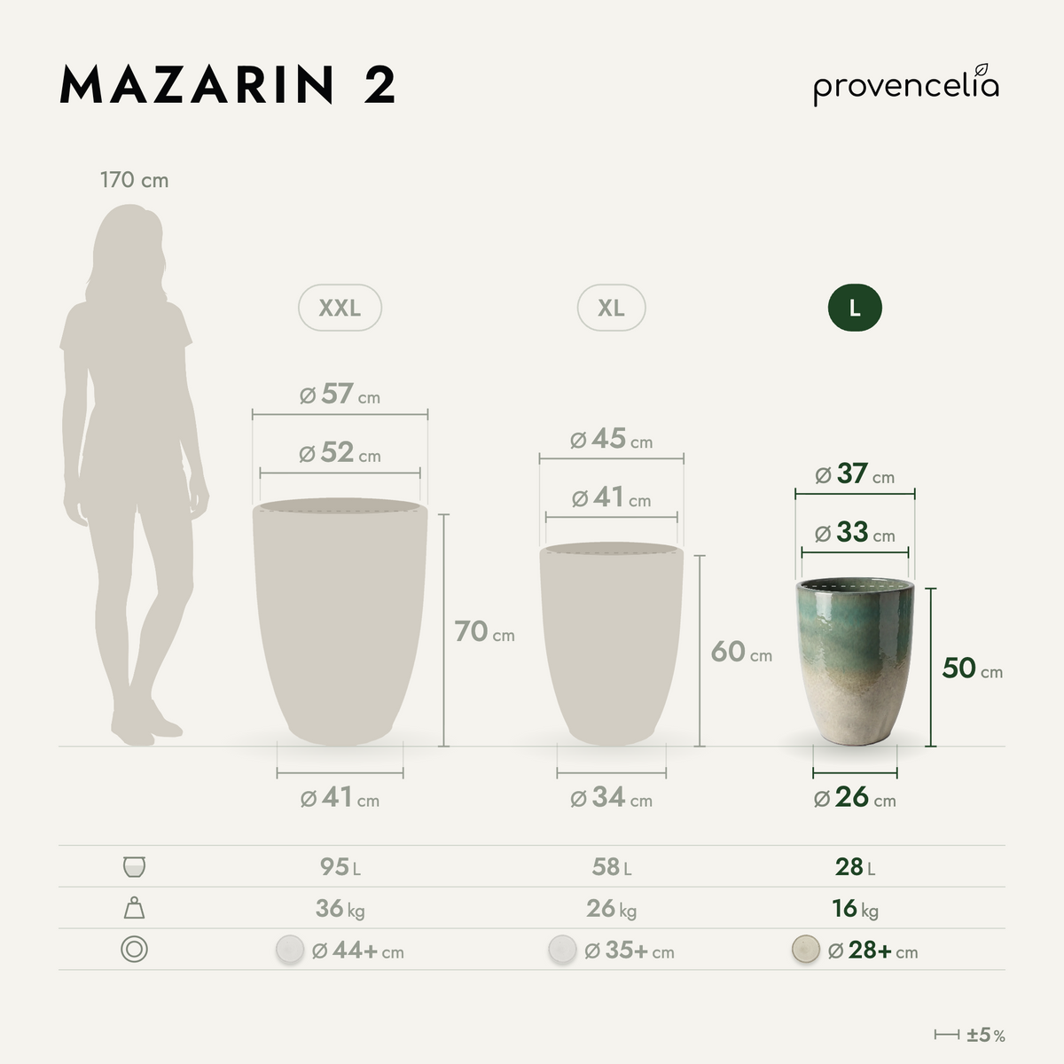 Macetero MAZARIN2 decorativo 37x49 cm bruma de verano de cerámica esmaltada, esquema de los tres tamaños