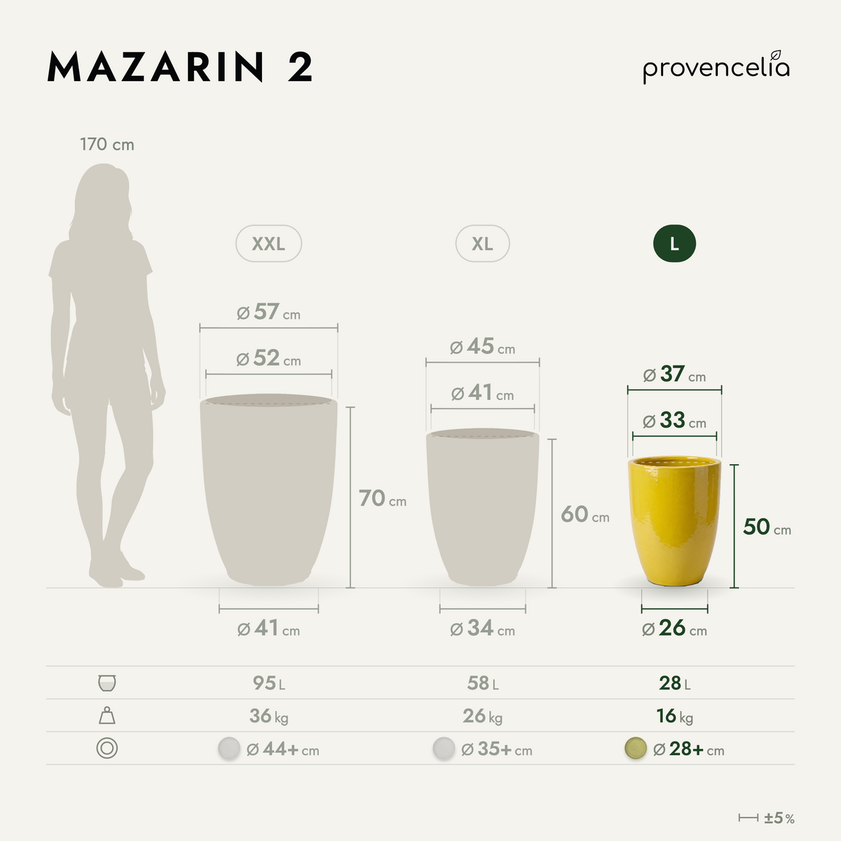 Macetero MAZARIN2 decorativo 37x49 cm limón ácido de cerámica esmaltada, esquema de las dimensiones del modelo
