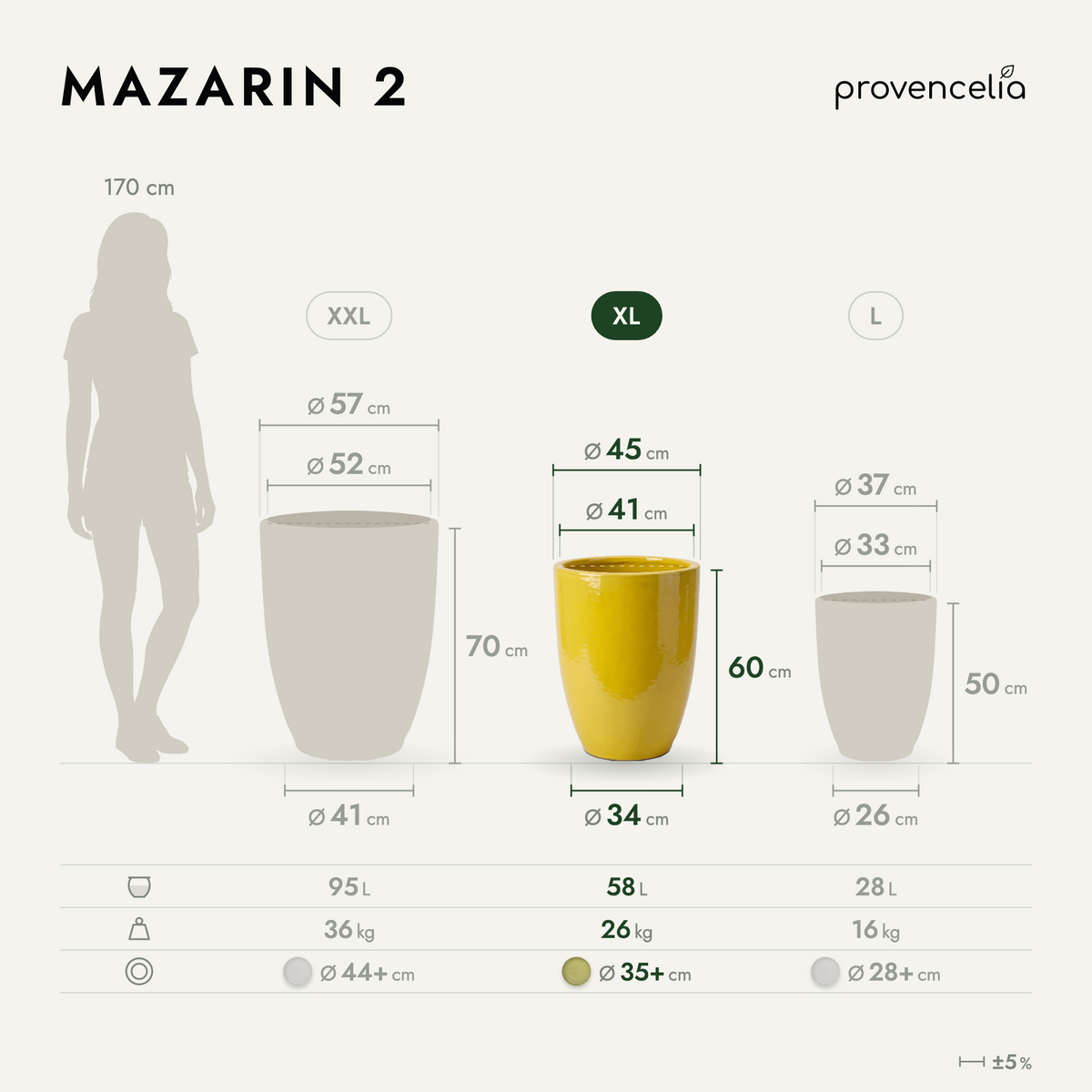 Macetero MAZARIN2 decorativo 45x60 cm limón ácido de cerámica esmaltada, presentado entre tres tamaños