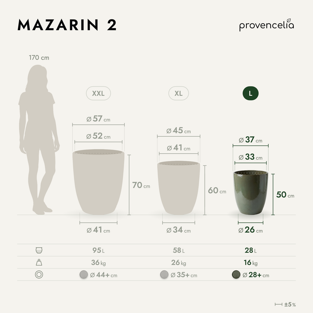 MAZARIN2 planter 37x49 cm cream green glazed ceramic, diagram of the three sizes