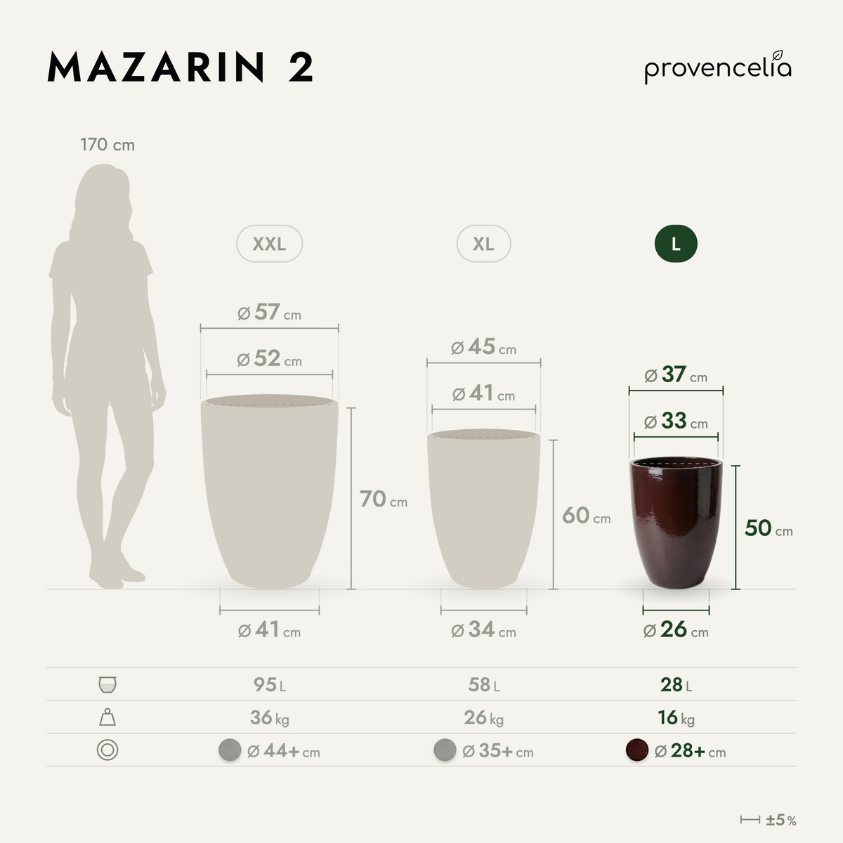 MAZARIN2-plantenbak 37 × 49 cm paars van geglazuurd keramiek, afmetingsschema van de plantenbak
