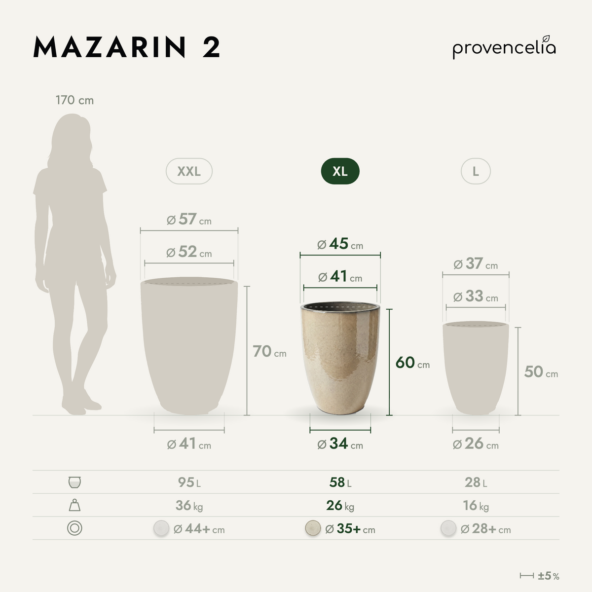 Pot MAZARIN2 45x60 cm crème en terre cuite émaillée, vue comparative des tailles
