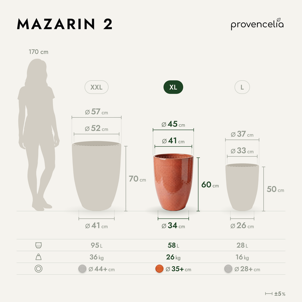 Pot MAZARIN2 45x60 cm aurore en terre cuite émaillée, vue comparative des dimensions XL