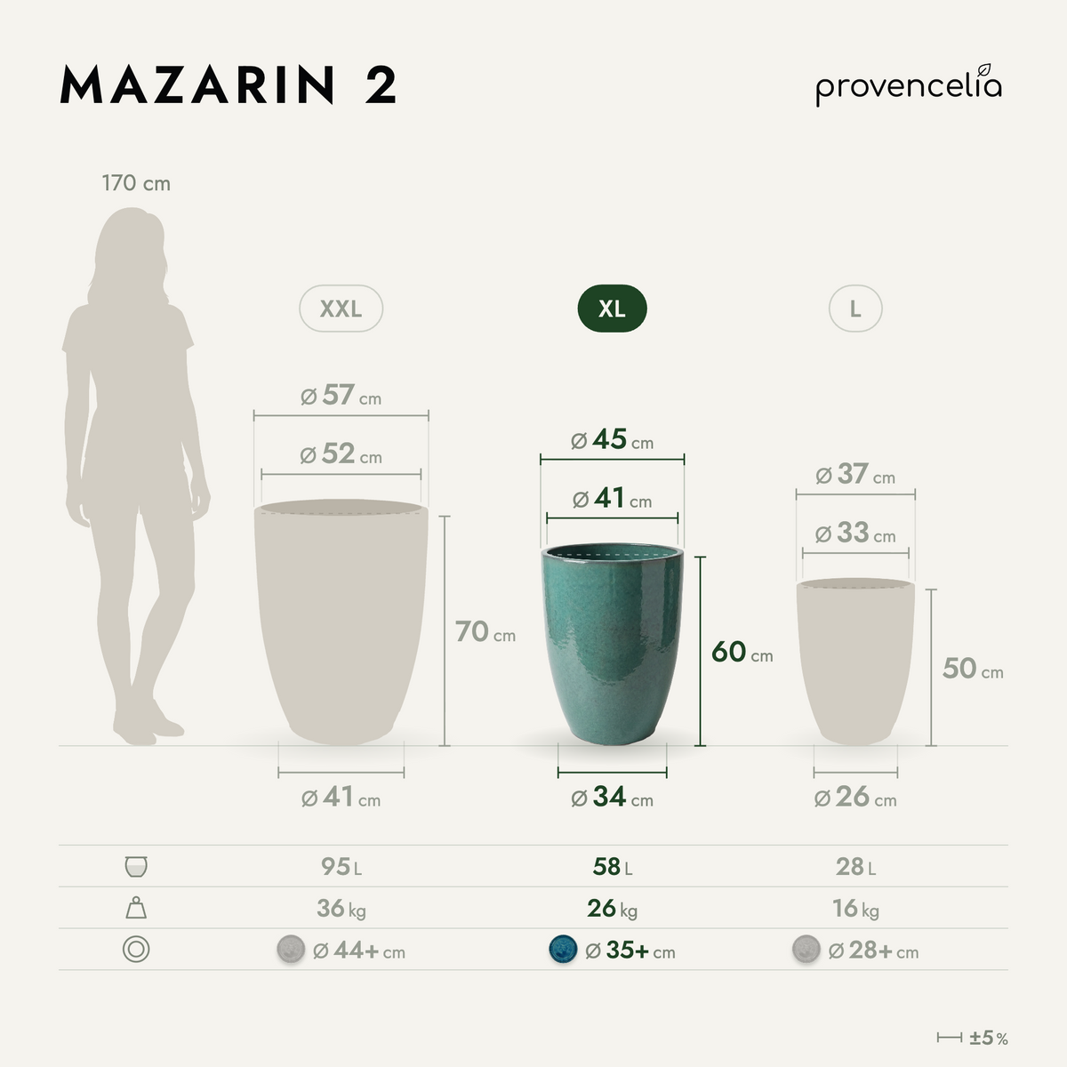 Vaso MAZARIN2 45x60 cm bruma di giada in ceramica smaltata, vista frontale con dimensioni