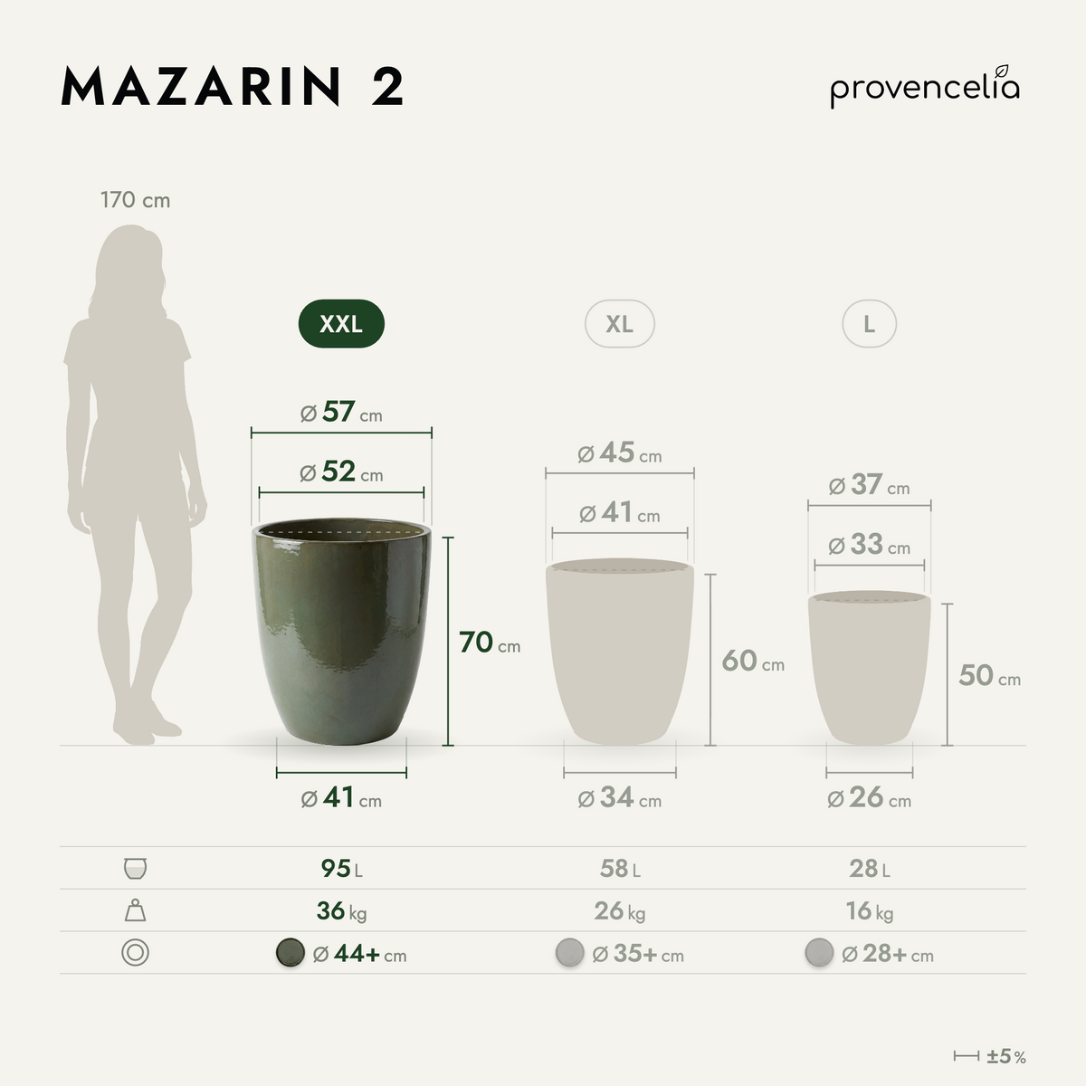 MAZARIN2 planter 57x70 cm cream green glazed ceramic, comparative view of sizes