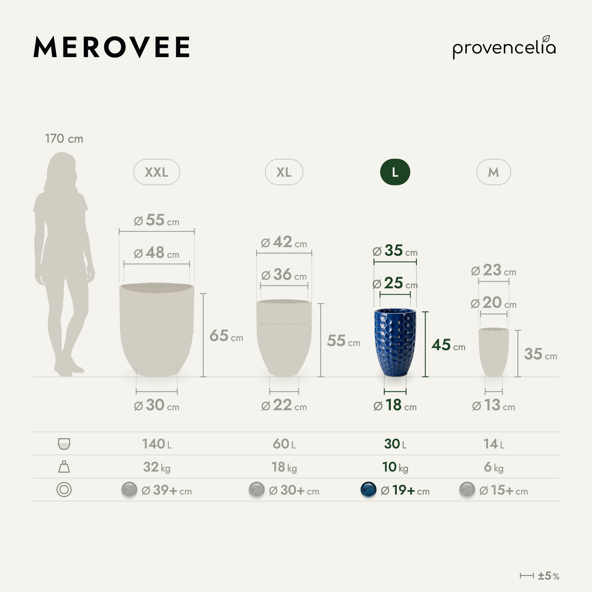 MEROVEE-plantenbak in amforavorm 30 × 45 cm azuurblauw van geglazuurd keramiek, vooraanzicht tussen de maten