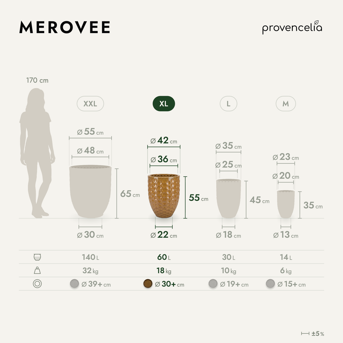 Pot MEROVEE 42x55 cm miel ambré en terre cuite émaillée, schéma des dimensions du modèle XL