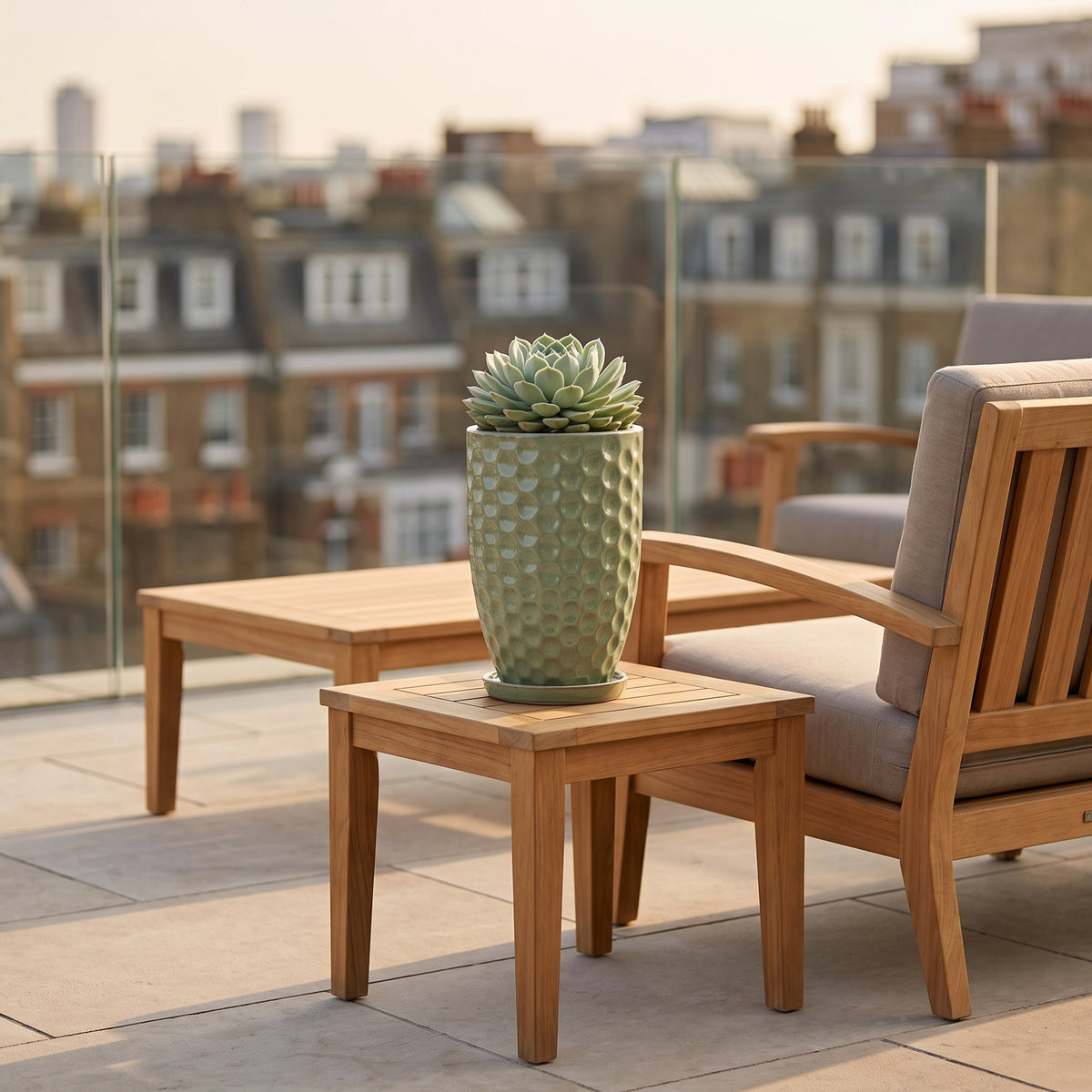 Merovee planter 23x35 cm Jade Pearl glazed ceramic, succulent on a terrace table
