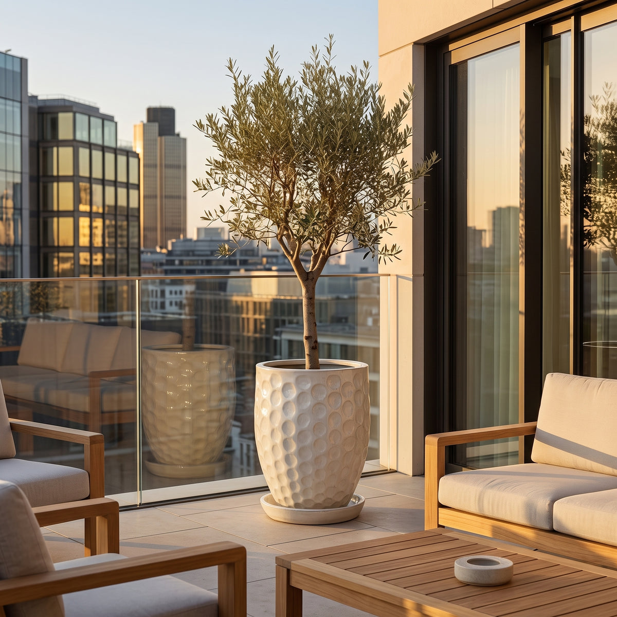 Vaso Merovee 42x55 cm crema in ceramica smaltata, ulivo su un balcone urbano
