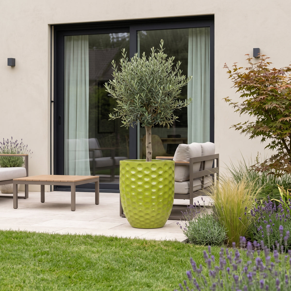 Merovee planter 55x65 cm Olive Green glazed ceramic, olive tree on a garden terrace