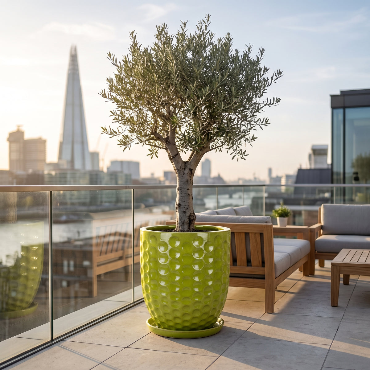 Merovee planter 55x65 cm Olive Green glazed ceramic, olive tree on an urban terrace