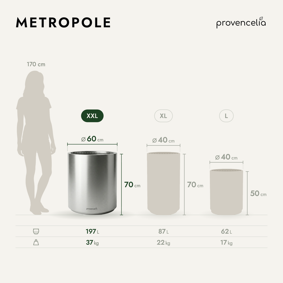 Pot MÉTROPOLE cylindrique 60x70 cm inox brossé en acier galvanisé, comparatif des trois tailles