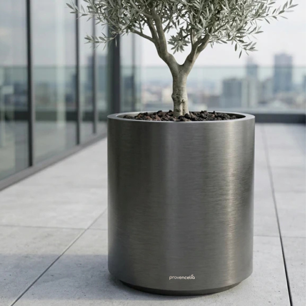 Métropole cylindrical planter 60x70 cm Gun Metal in galvanised steel, olive tree on terrace