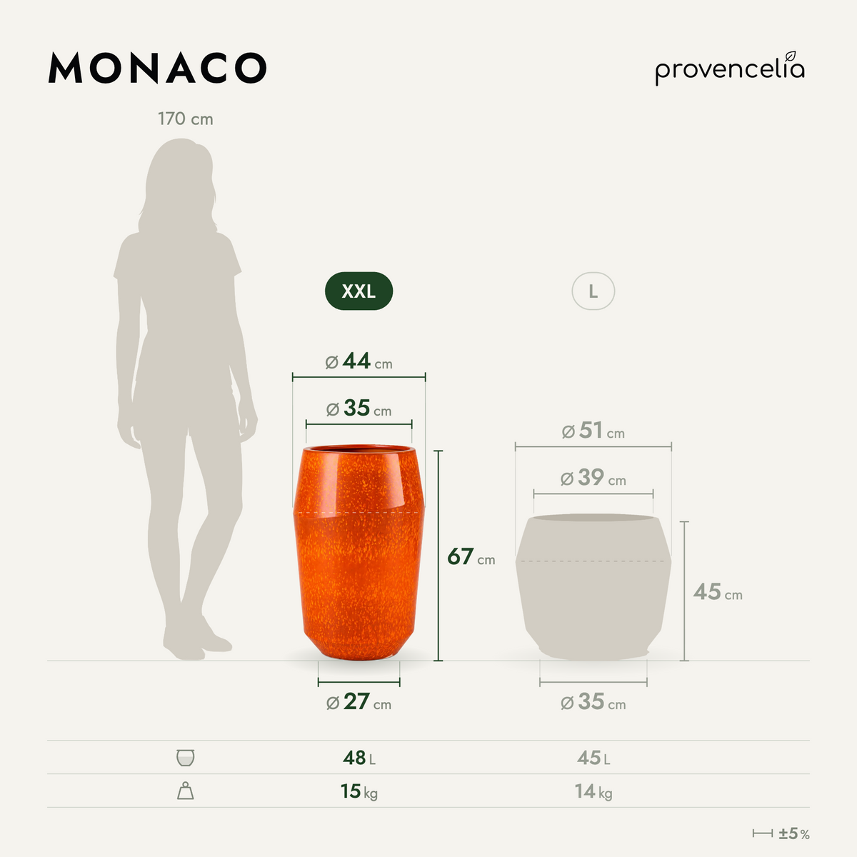 Macetero MONACO decorativo 44x67 cm Fuego, esquema con dimensiones