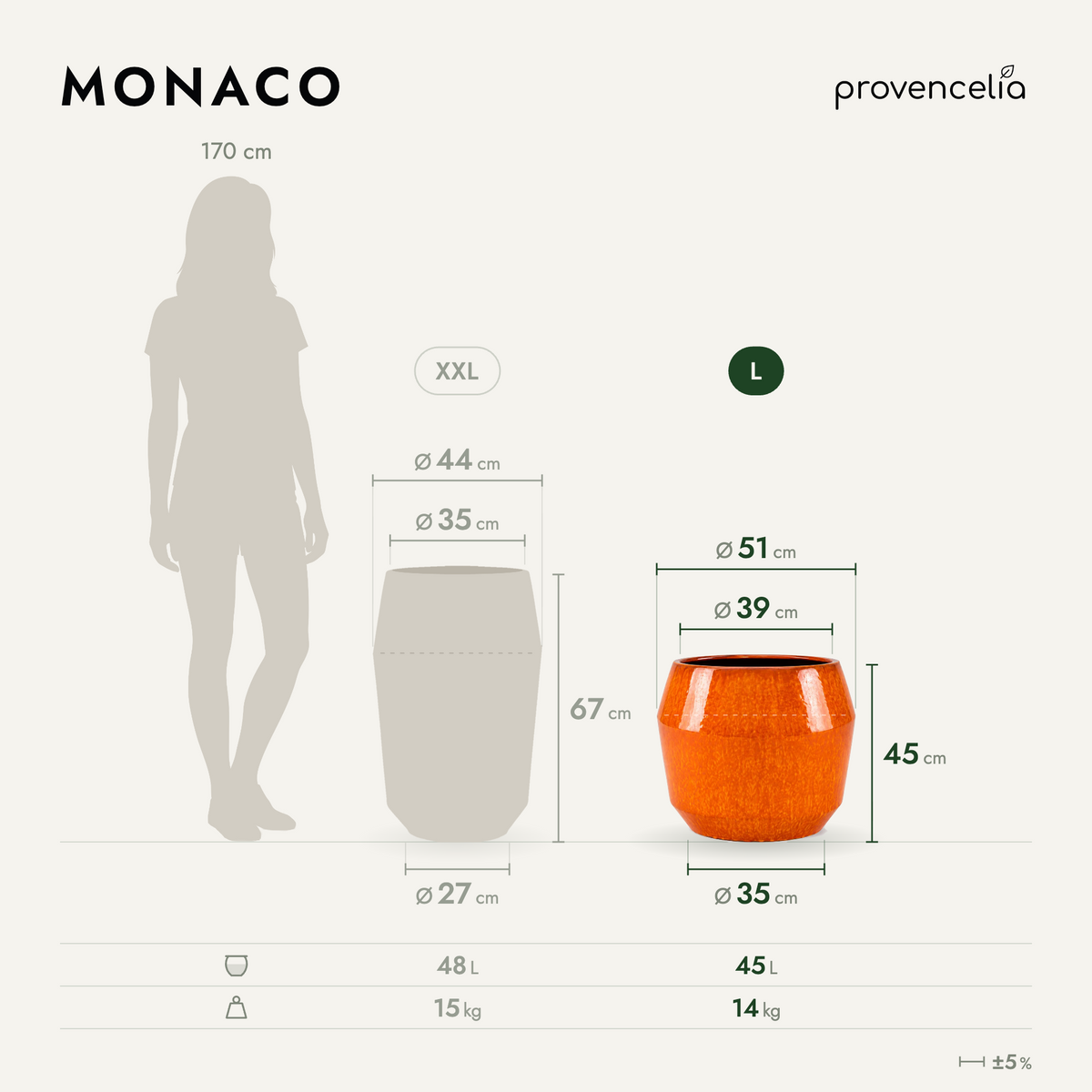 Vaso MONACO decorativo 51x44 cm fuoco, schema delle dimensioni del vaso