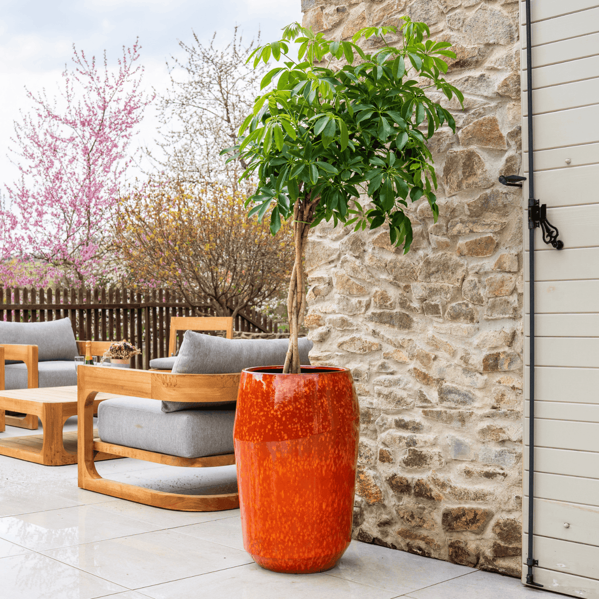 Pot Monaco décoratif 44x67 cm feu, sur terrasse avec arbre