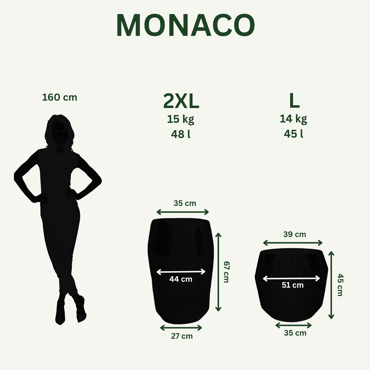 Pot Monaco décoratif jade, schéma des dimensions et capacités
