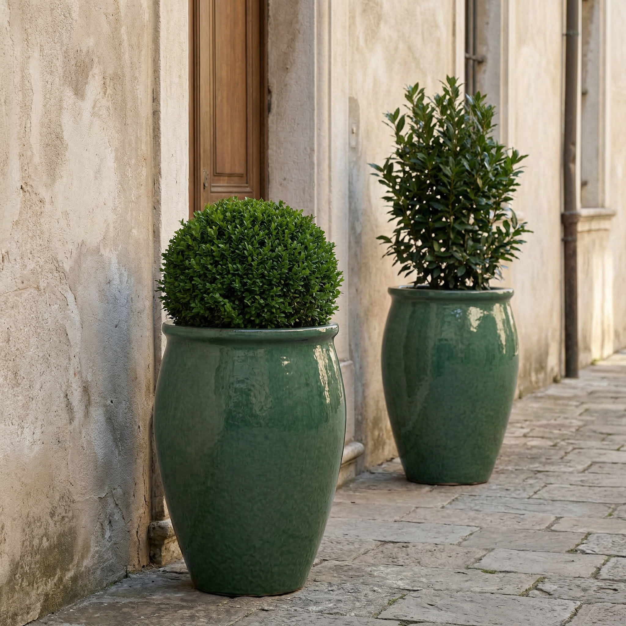 Keramický květináč BACCHUS - Nefrit s buxusem před starými dřevěnými dveřmi, u kterého žena v bílých letních šatech pečuje o rostlinu.