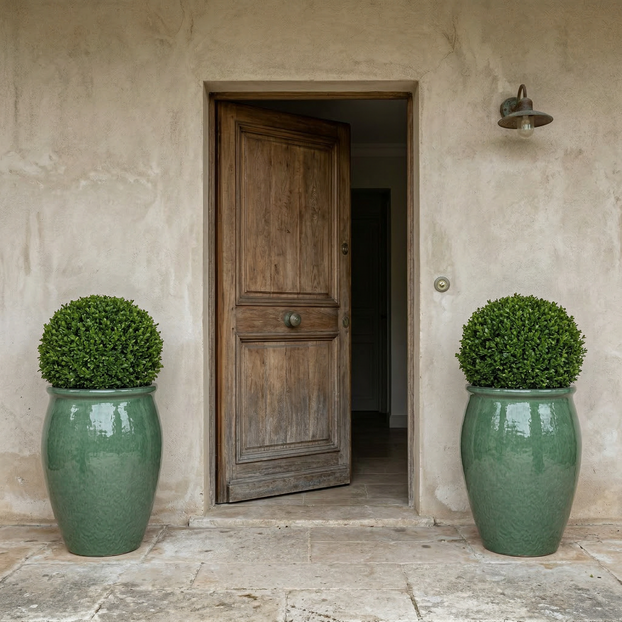 Keramický květináč BACCHUS - Nefrit s buxusem před starými dřevěnými dveřmi, u kterého žena v bílých letních šatech pečuje o rostlinu.