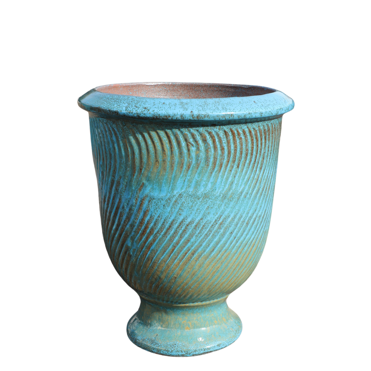 Pot Morgane avec pied 42x52 cm bleu acier en terre cuite émaillée, vue de face sur fond blanc