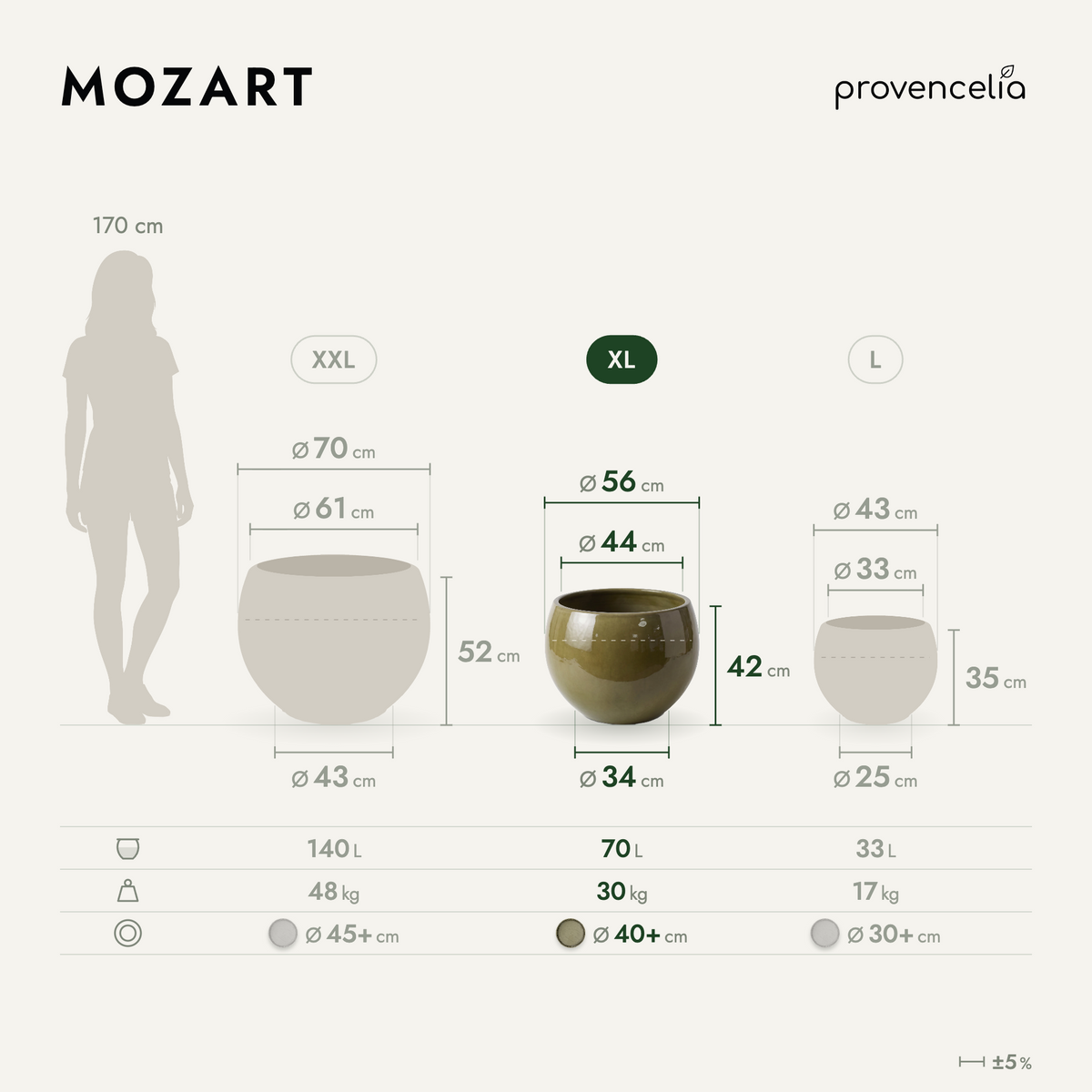 Macetero MOZART decorativo 56x42 cm atardecer de cerámica esmaltada, esquema de dimensiones y volúmenes