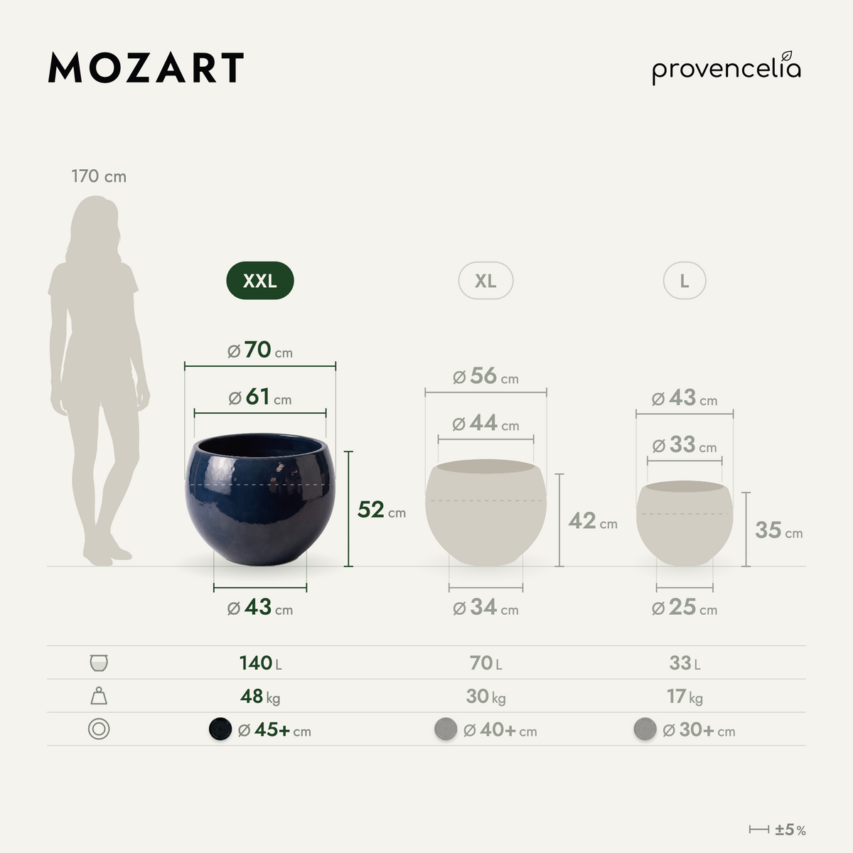 Pot MOZART décoratif 70x52 cm saphir en terre cuite émaillée, vue de face avec dimensions