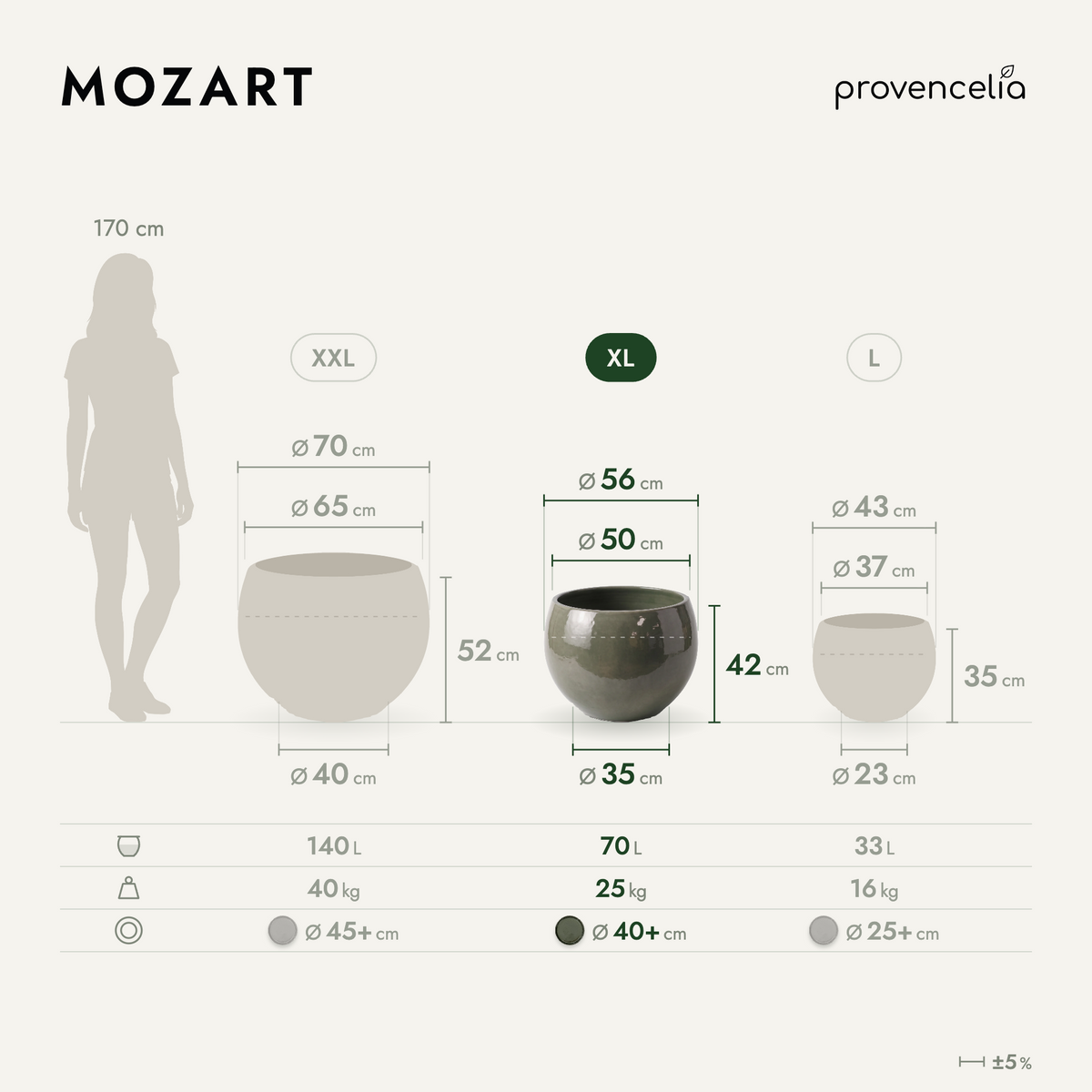 Vaso MOZART decorativo 56x42 cm Verde crema in ceramica smaltata, vista comparativa delle misure