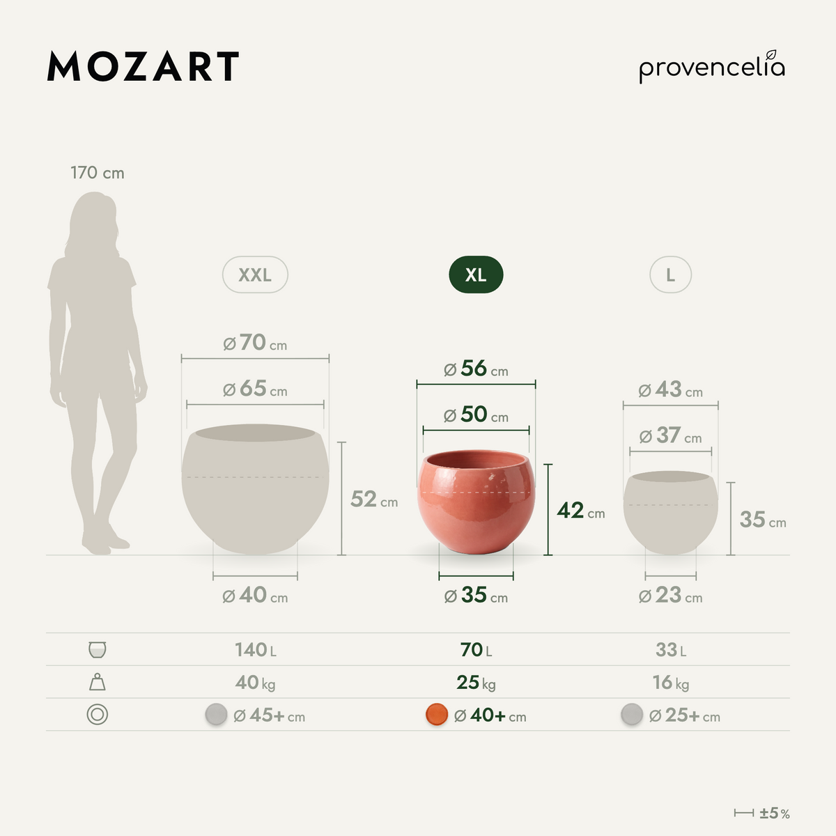 Vaso MOZART decorativo 56x42 cm Aurora in ceramica smaltata, vista frontale con dimensioni