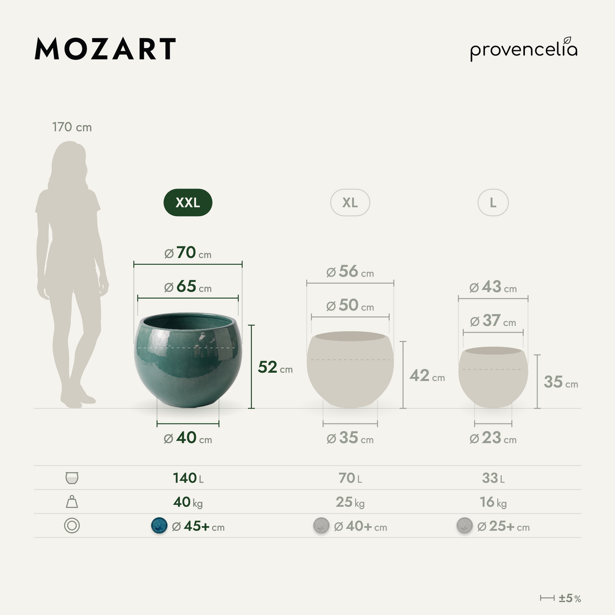 Vaso MOZART decorativo 70x52 cm Bruma di giada in ceramica smaltata, schema delle dimensioni e capacità