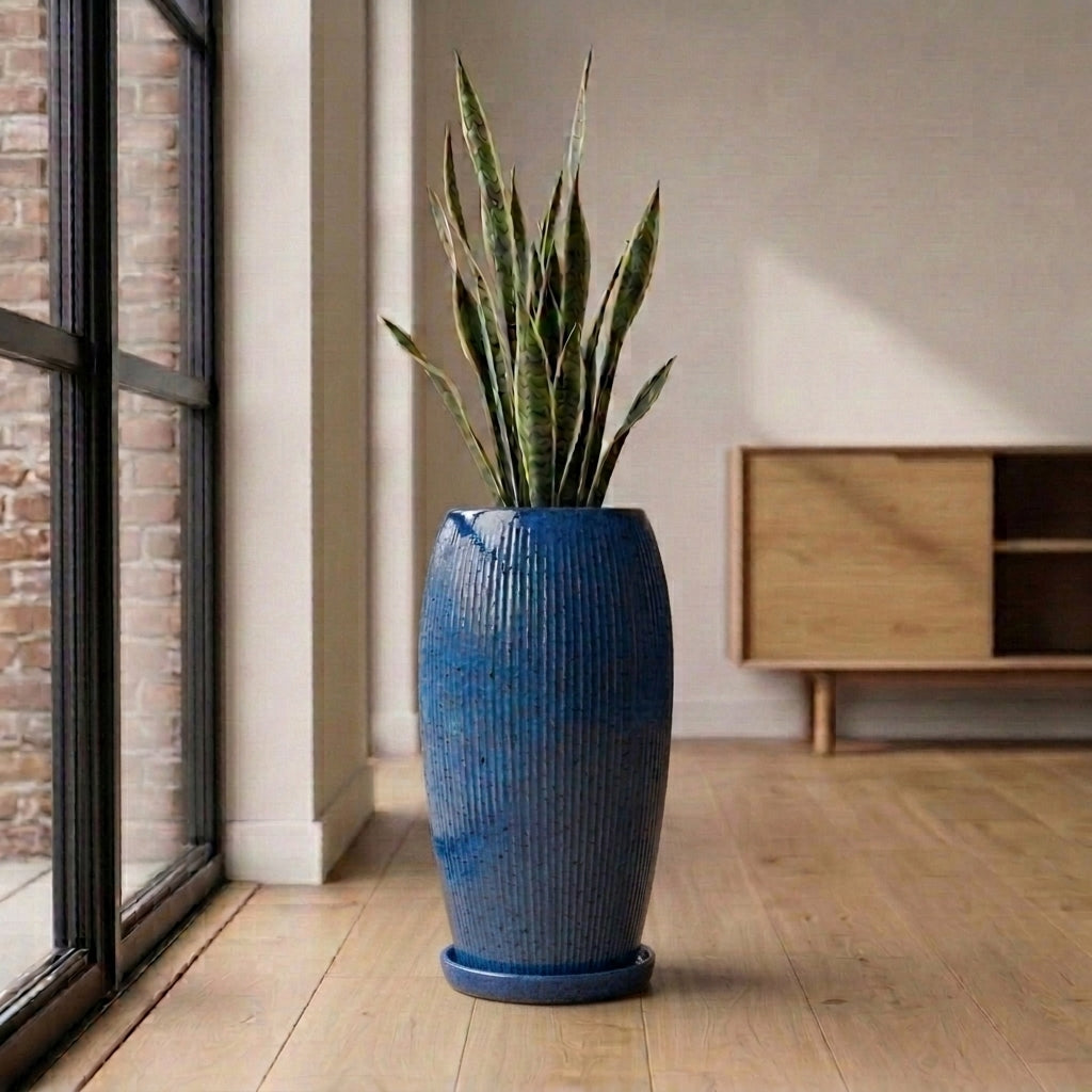 Azure blue ceramic planter saucer – frost-resistant