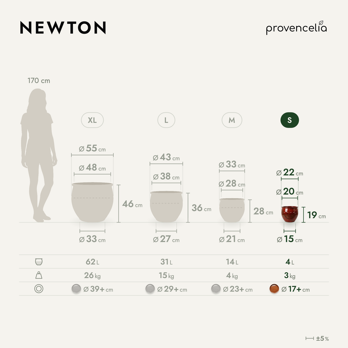 Vaso NEWTON rotondo 21x23 cm ruggine d'autunno in ceramica smaltata, schema delle dimensioni e delle misure