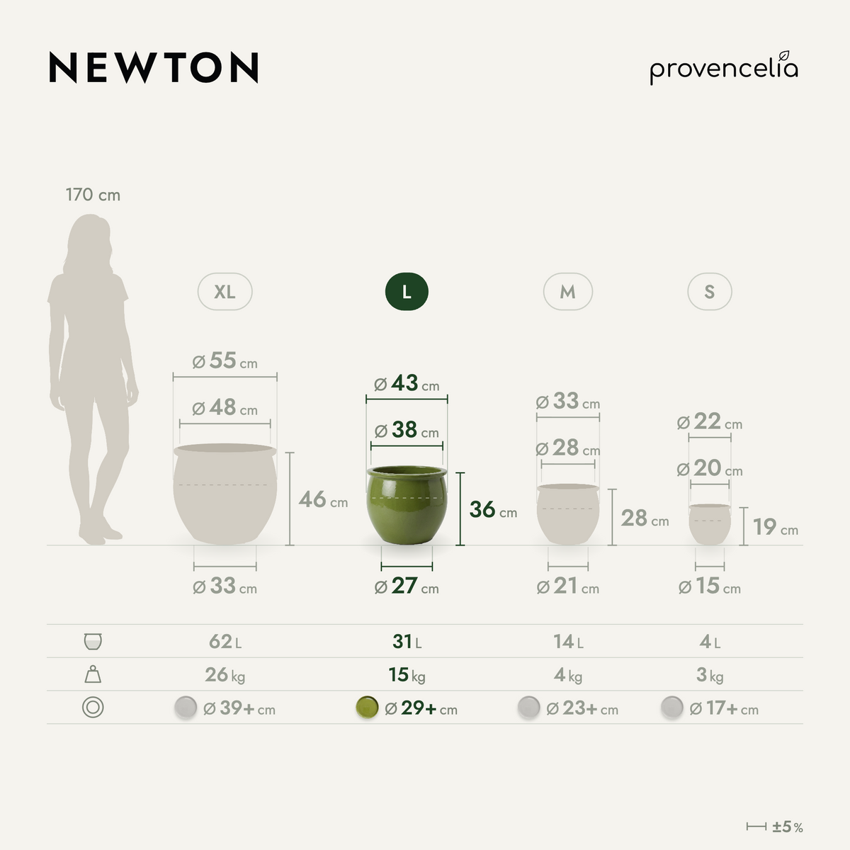 Vaso NEWTON rotondo 44 × 35 cm verde oliva in ceramica smaltata, dimensioni del modello L in verde oliva