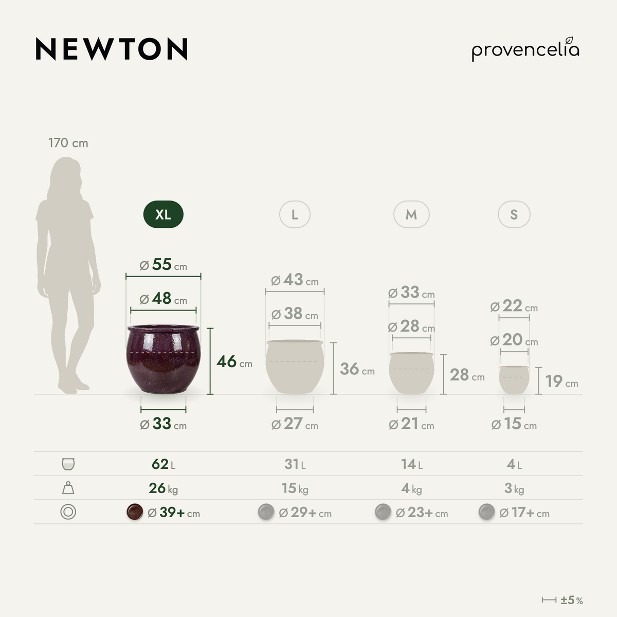 Round NEWTON planter 55x46 cm light violet glazed ceramic, front view in a size guide