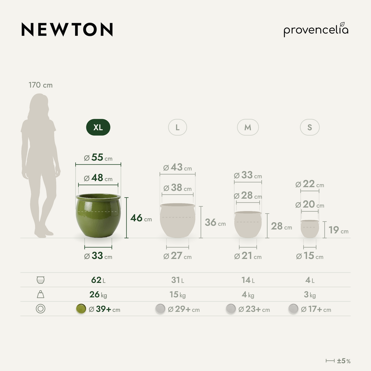 Vaso NEWTON rotondo 55 × 46 cm verde oliva in ceramica smaltata, vista frontale con dimensioni