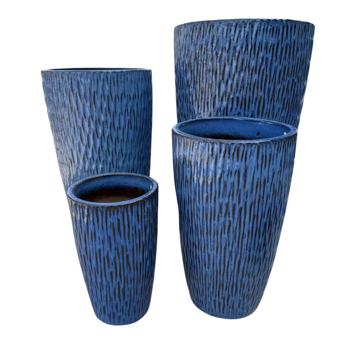 Pot Pagnol décoratif 38x66 cm bleu antique en terre cuite émaillée, quatre pots assortis sur fond blanc