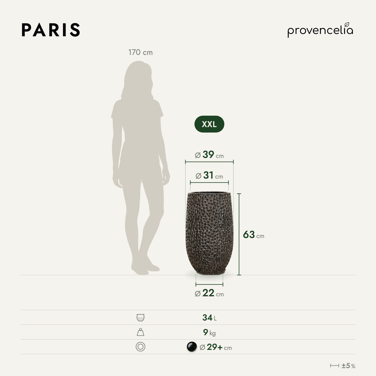 Pot PARIS décoratif 39x63 cm noir en terre cuite émaillée, schéma avec dimensions