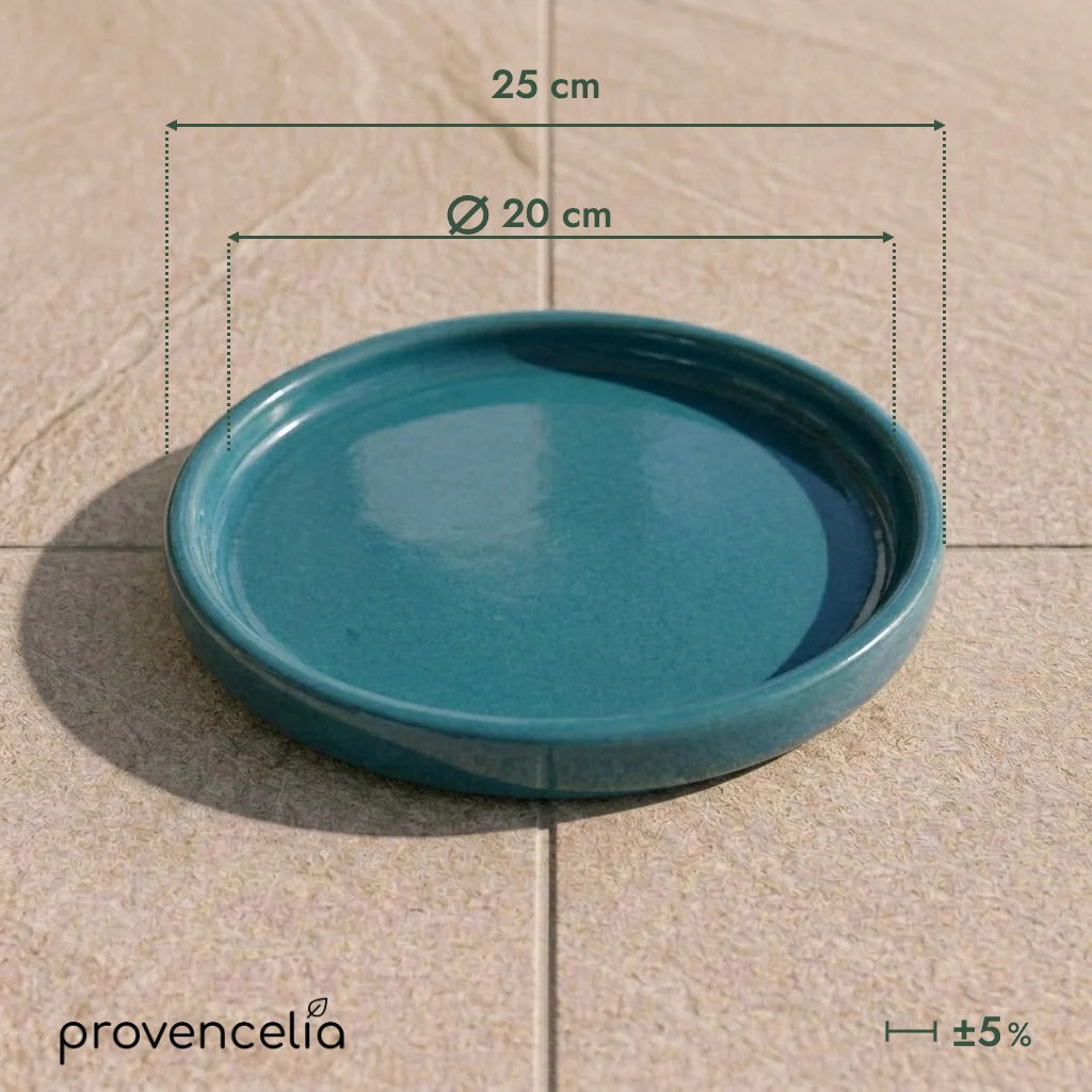 Platillo de 20 cm azul petróleo, vista superior con dimensiones