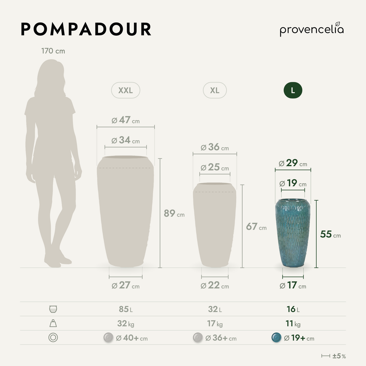 Amphora-shaped POMPADOUR planter 30 × 57 cm Steel Blue glazed ceramic, comparative diagram of the three sizes