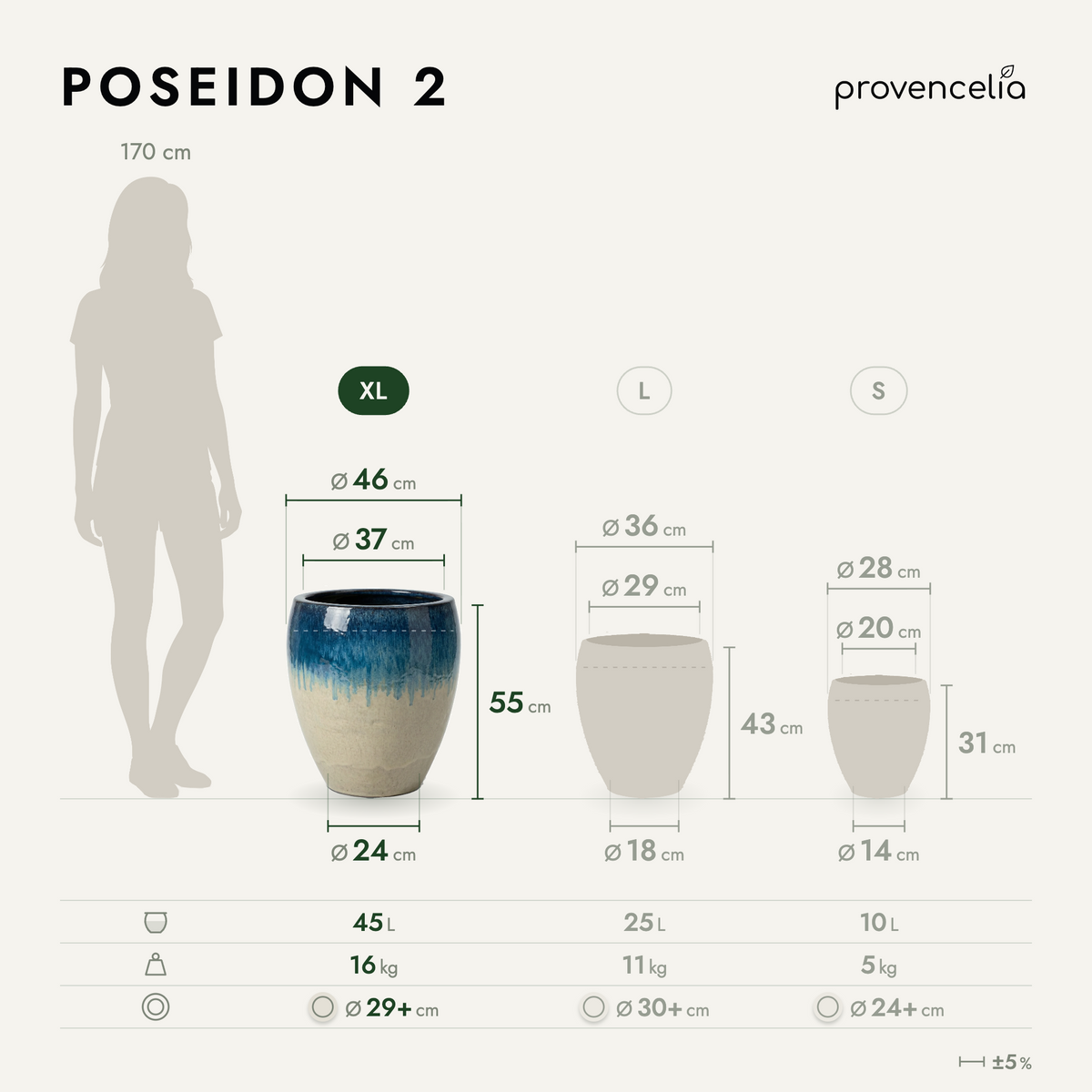 Round POSEIDON2 planter 46 × 55 cm April sky glazed ceramic, with the three sizes compared