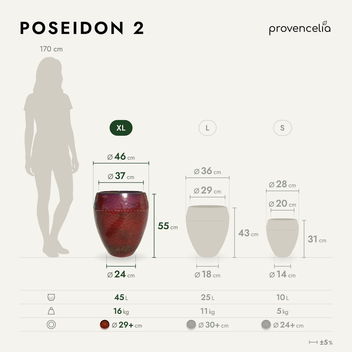Round POSEIDON2 planter 46 × 55 cm Brick Red glazed ceramic, dimension and capacity diagram