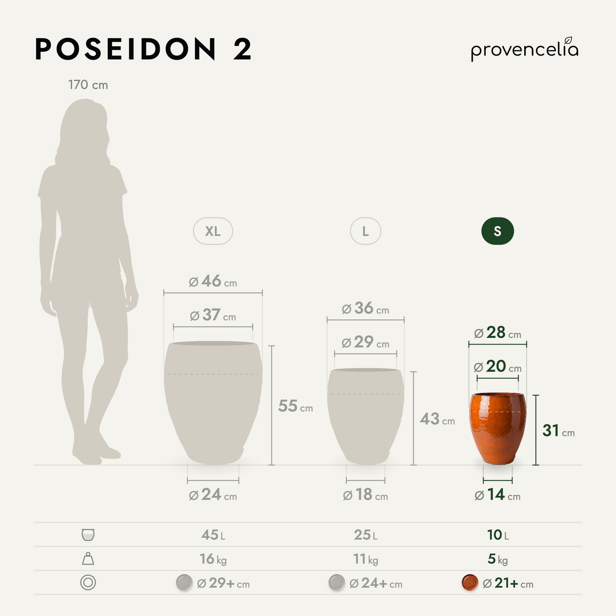 Vaso POSEIDON2 28x31 cm Arancione tropicale in ceramica smaltata, vista con schema delle dimensioni