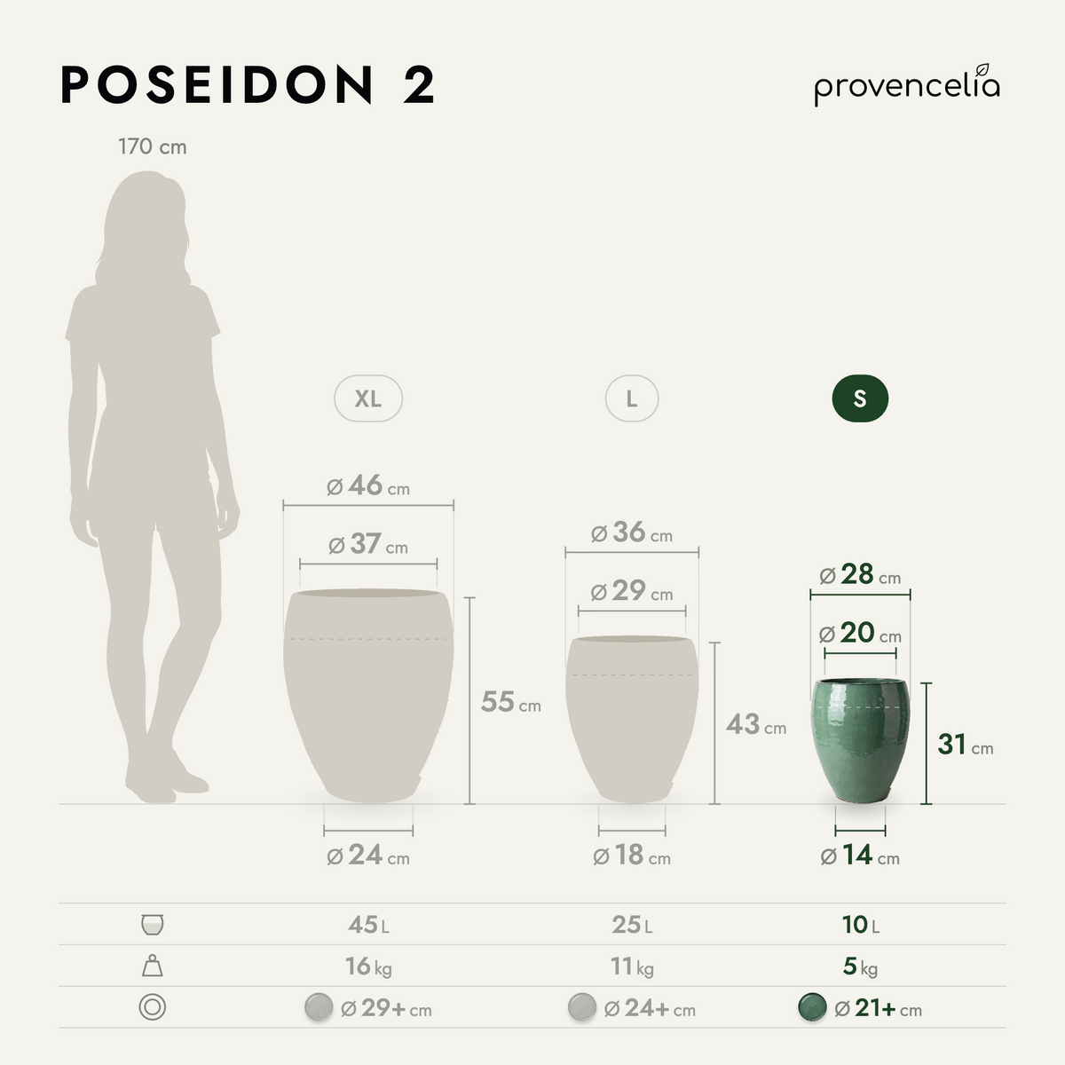 Pot POSEIDON2 28x31 cm jade en terre cuite émaillée, schéma des dimensions S