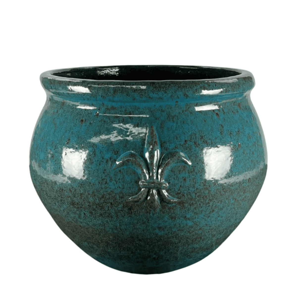 Pot CLOVIS décoratif 53x43 cm bleu acier en terre cuite émaillée, vue de face sur fond blanc