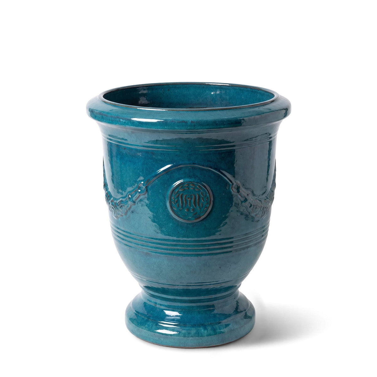 Pot RICHELIEU avec pied 46x56 cm lagon tropical en terre cuite émaillée, vue de face sur fond blanc