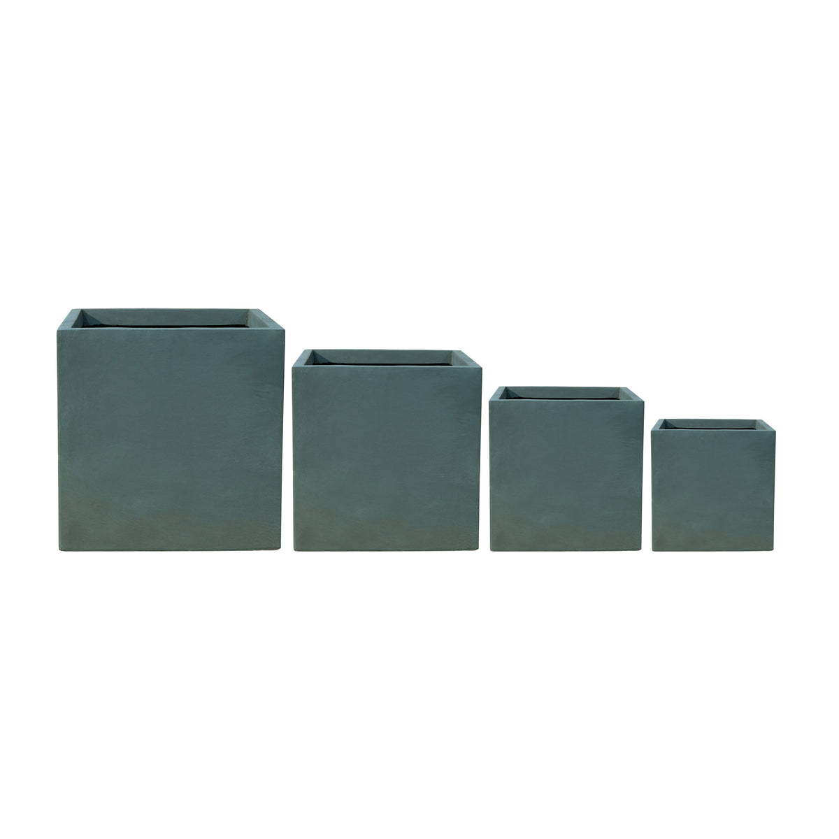 Pre-drilled Kubix rectangle Dark Green fibre concrete cachepot, four sizes shown