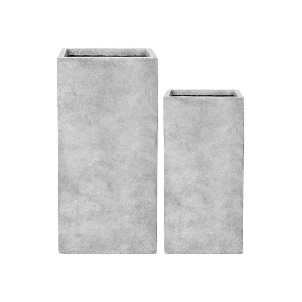 Portavaso preforato Kubix rettangolare grigio chiaro in calcestruzzo fibrorinforzato, due formati su sfondo bianco
