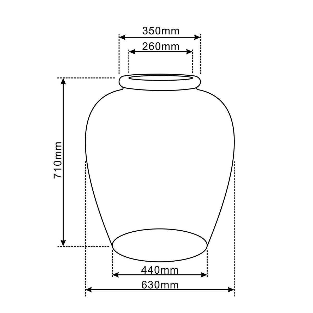 Pre-drilled Origin Mist Grey fibre concrete cachepot, dimensioned front diagram