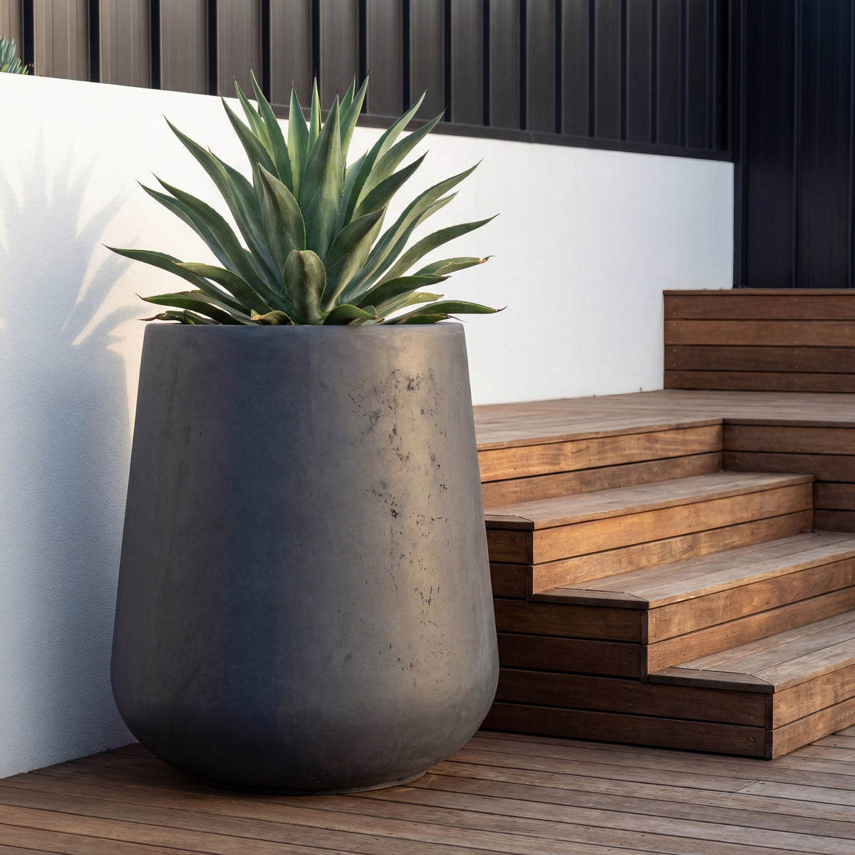 Pre-drilled Silex cachepot dark grey in fibre concrete, view on a terrace with agave